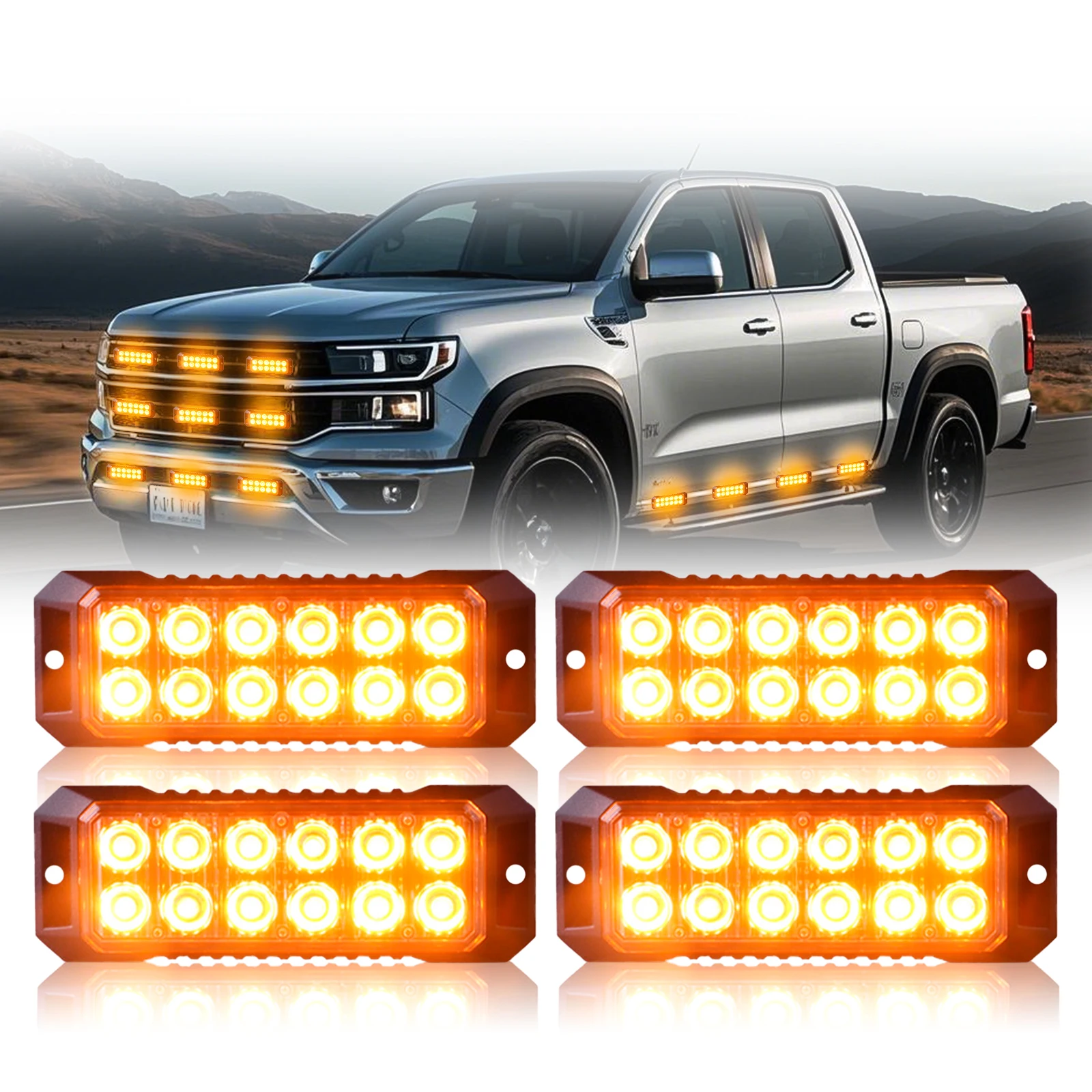 

4PCS 12-Led Car Strobe Emergency Flashing Light For Truck Car Amber White Hazard Warning Light 12v-24v Universal Car Accessories