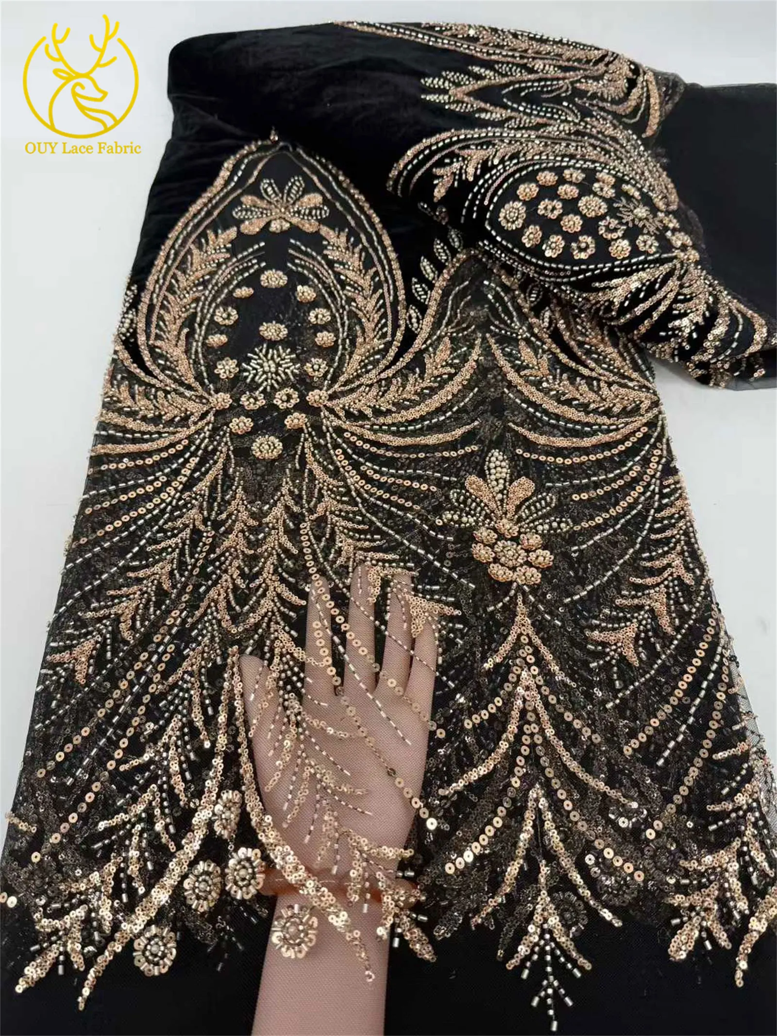 Luxuriöser afrikanischer Samt mit Perlen und Pailletten, Spitzenstoff, 2026, grüner Bräutigam-Stickstoff, französisches Damen-Party-Abendkleid – Detail 11