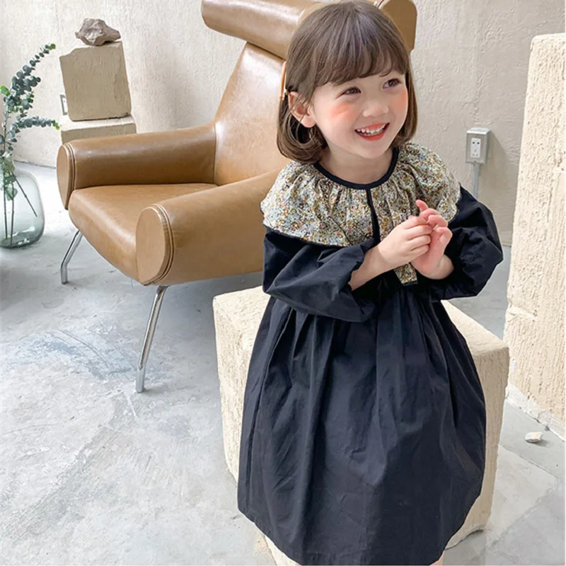 Autumn Girls\' Dress Floral Collar Bubble Sleeves Princess Dress Irregular Pleats Lapel Fashionable Spring Children\'s Clothing