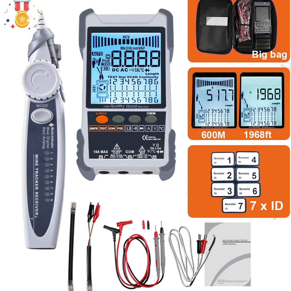 ET618PRO 2 In 1 Network Cable Tester POE Test Cable Short Open Circuit Measure Sensitivity Tracker 600M Length Wiremap Tester