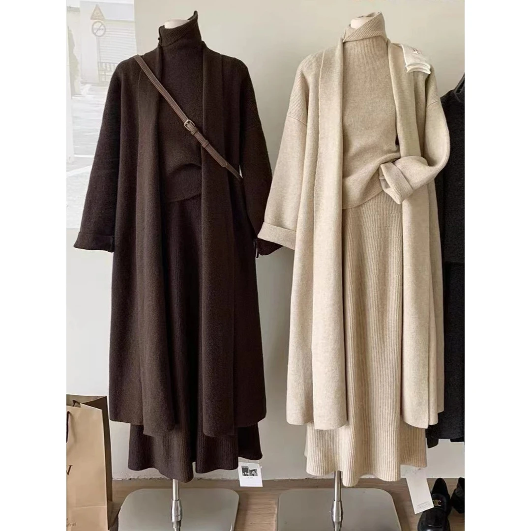 Lazin Sle T-stuk trui set lange herfst winter Faion f rok gebreide trui set Ice Cr kleur pure kleur