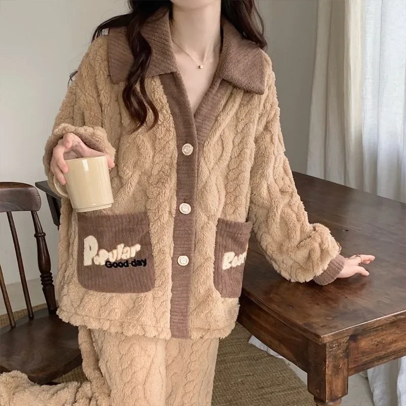 Damen Korallen Fleece Pyjamas Frauen Nachtwäsche Anzug Winter 2025, Neue Loungewear Famale Verdickt Süße Mädchen Hause Tragen Set Pijamas