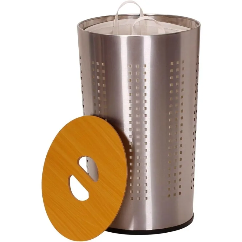 7081-1 Round Metal Laundry Hamper - Removable Liner Bag and Wood Lid  Stainless Steel