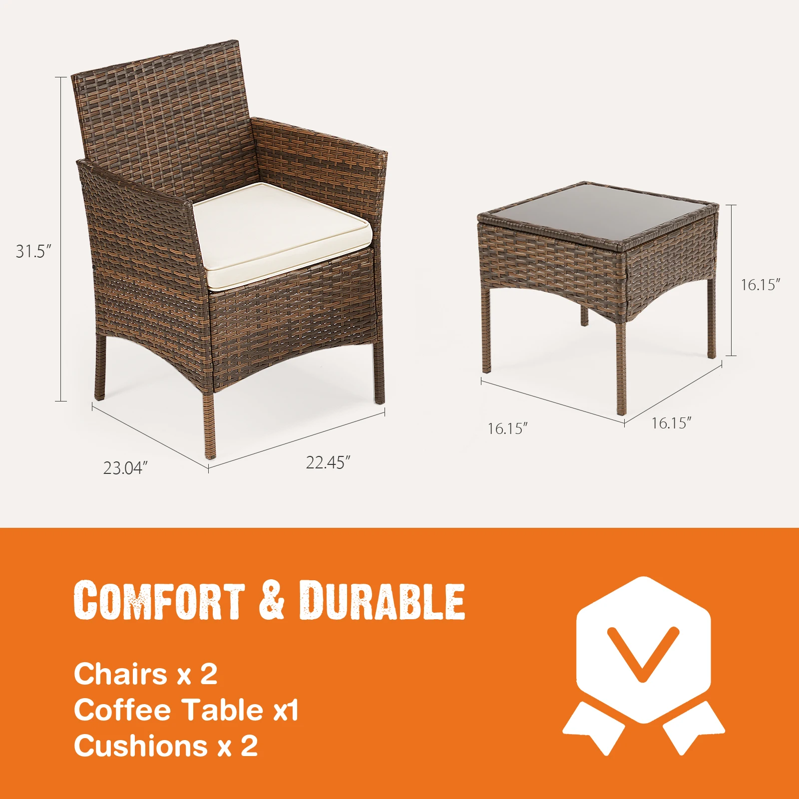 JHK Outdoor Patio Furniture Set 3 Pieces with Soft Cushion and Glass Table Manual Weaving Wicker Rattan Patio Chairs For Garden image 3