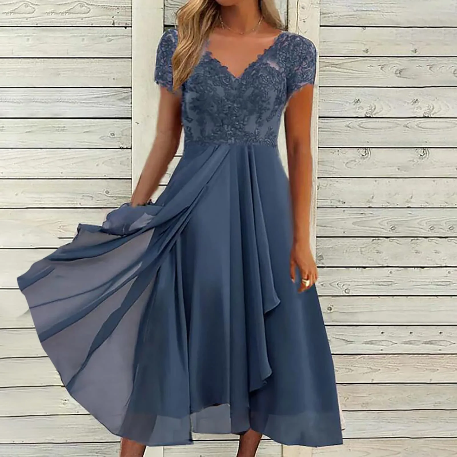 

Dresses For Women Elegant Lace Chiffon Flowy Dress Evening Party Gown V Neck Short Sleeve Lace Chiffon Dress Robe Longue Femmes