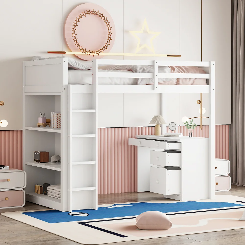 High quality white loft bed 90x200 cm with storage and computer table, ideal for children