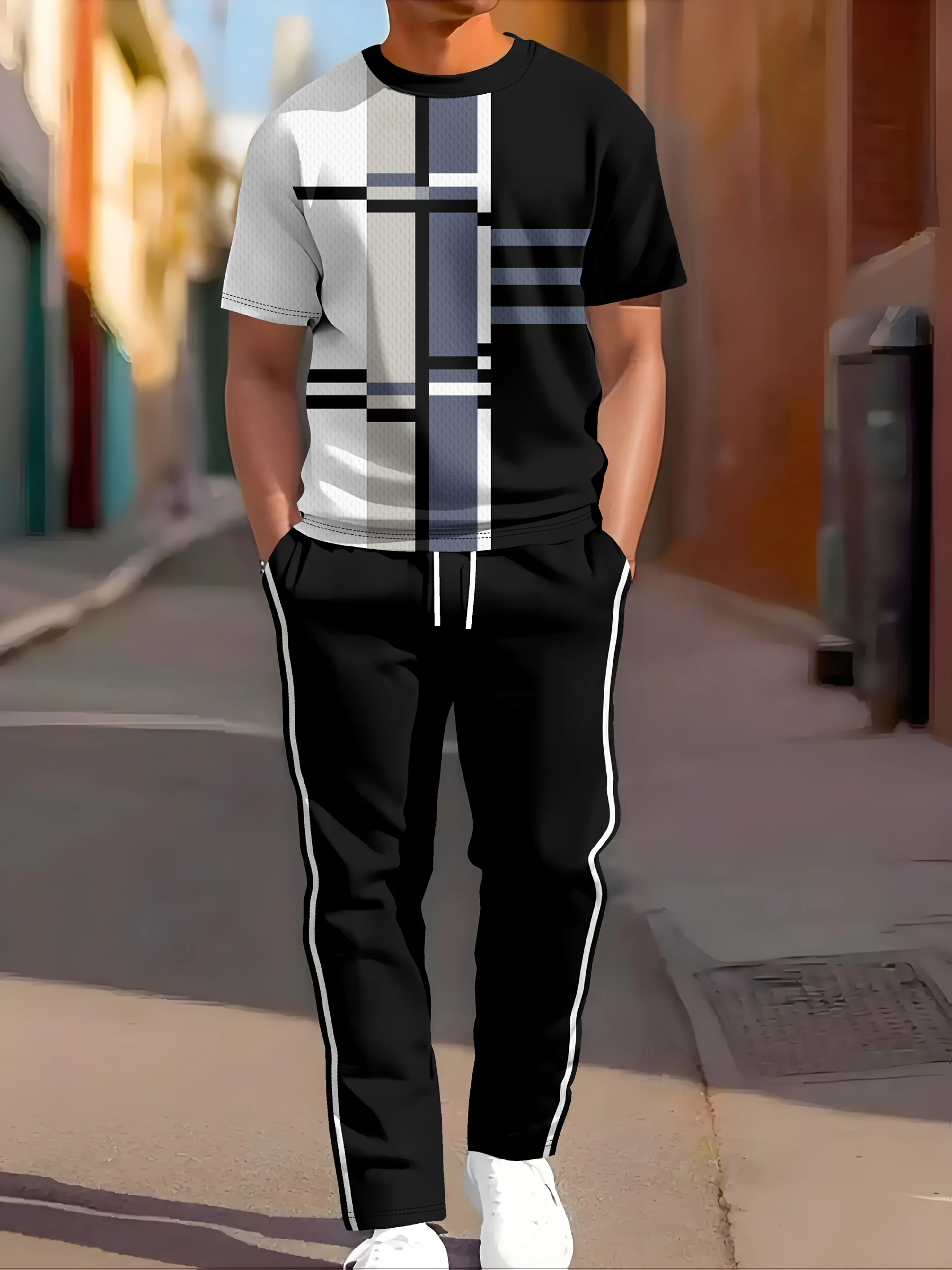 

Новый летний мужской костюм 2025 года с 3D клетчатым принтом — это повседневный и удобный уличный модный наряд.