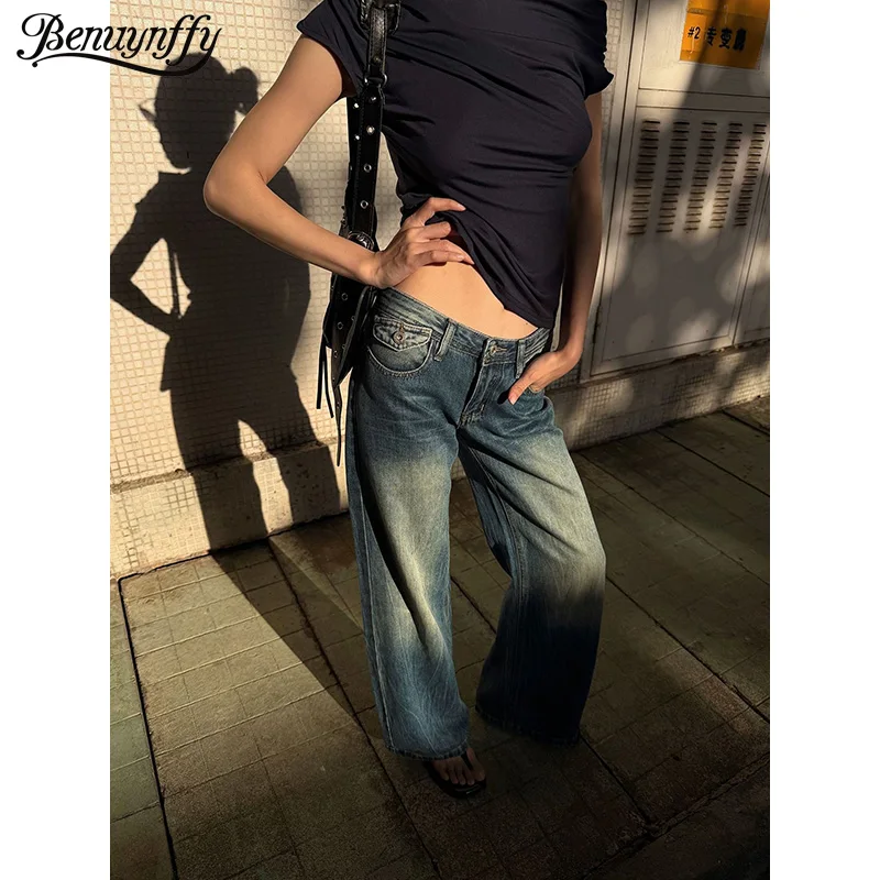 

Benuynffy Retro Low Waist Wide Leg Jeans for Women 2026 Summer New Korean Street Style Casual Ladies Straight Leg Denim Pants
