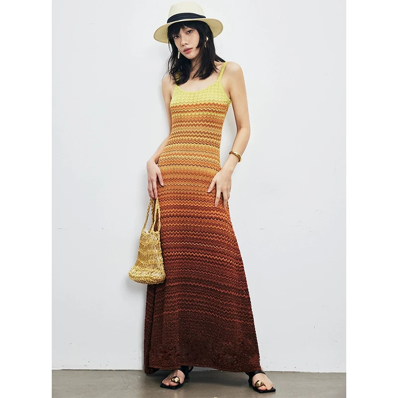 

2024 Summer Knit Long Dress Hollow Rainbow Gradient Color Shoulder Strap Dresses Sexy Elegant Dress Luxury Brands Women Clothing