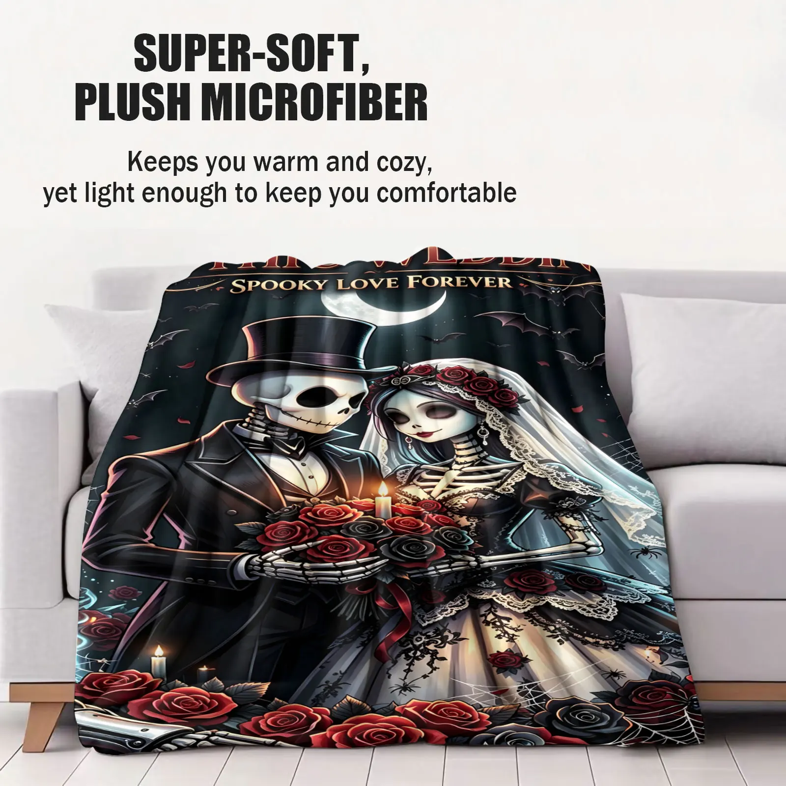 Gothic Wedding Skeleton Couple Flannel Throw Blanket Spooky Skull Bride Groom Bat Moon Print Warm Plush Soft Lightweight Blanket