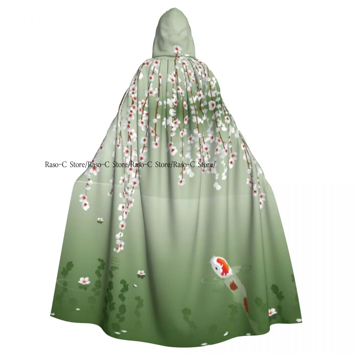 Unisex Adult Japanese Koi Fish Hanging Cherry Flowers Floating Leaves Cloak with Hood Long Witch Costume Cosplay