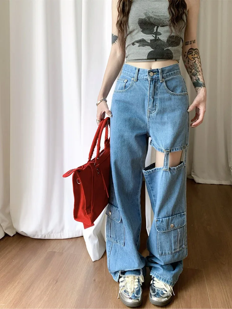 

Spring Summer hollow out Women's Denim Wide Leg Pants 2024 New High Waist Casual Street Blue Cowboy Jeans Chic Trourses Female