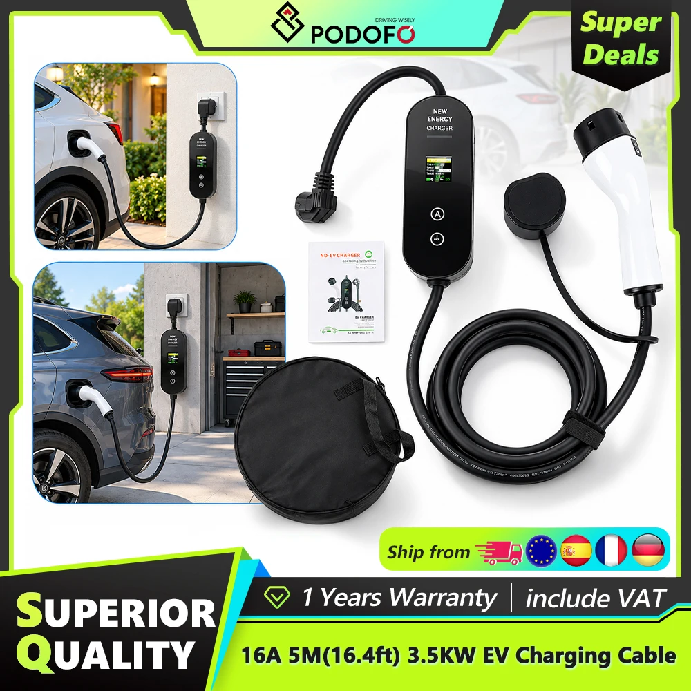 Podofo, caricabatterie portatile per veicoli elettrici da 3,5 kW, cavo di ricarica di tipo 2, 16 A, 5 m, caricabatterie elettrico regolabile con schermo, 8/10/13/16 A, cavo di ricarica per veicoli