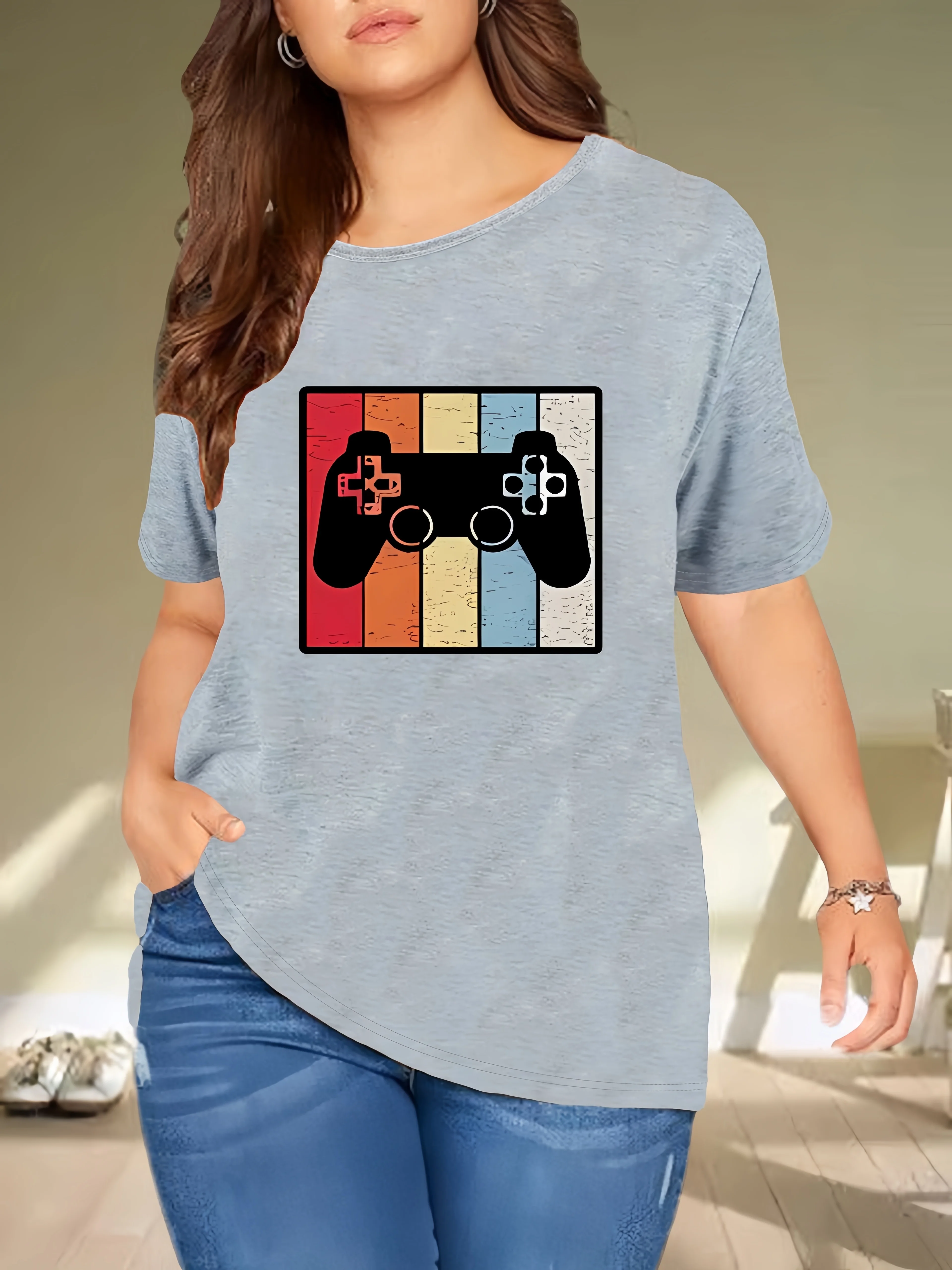 Game Console Print Casual T-Shirt, Round Neck Short Sleeves Versatile Sports Tee, Women's Comfy Tops