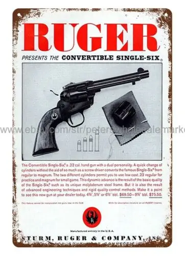 1961 Ruger Convertible Single Six Revolver Handgun metal tin sign metal wall art