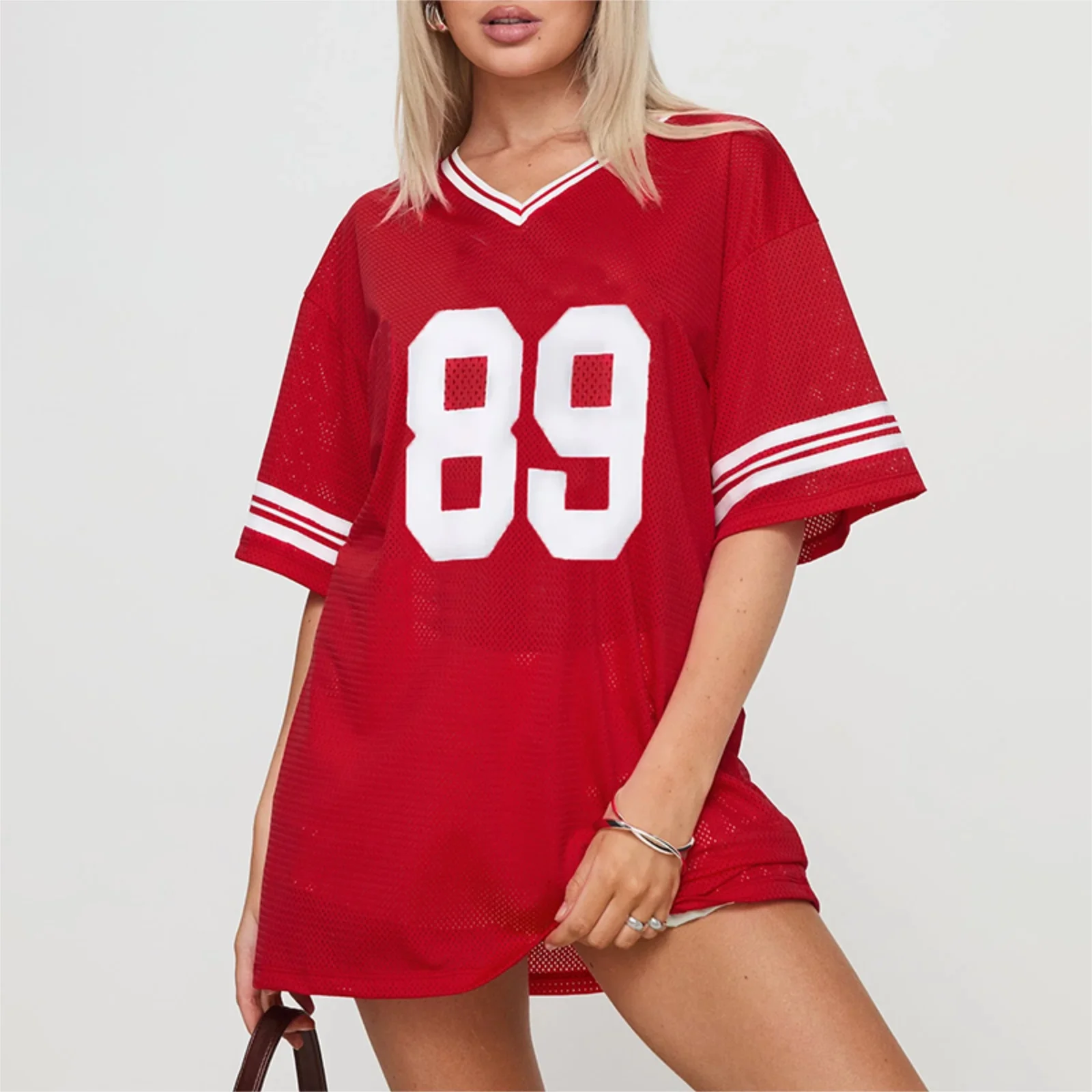 hirigin Oversized Jersey Shirts for Women Number Graphic Baggy Tees 90s V Neck Half Sleeve T-Shirts Streetwear Clothes