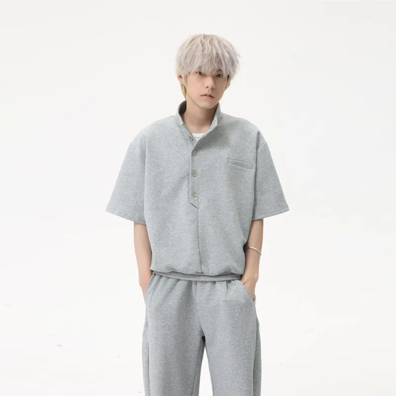 

Space Cotton Snap-button Men's Sportwear Set, Korean Style Short Sleeved T-shirts Mans Tracksuit, Causal Sweatsuit Set Men