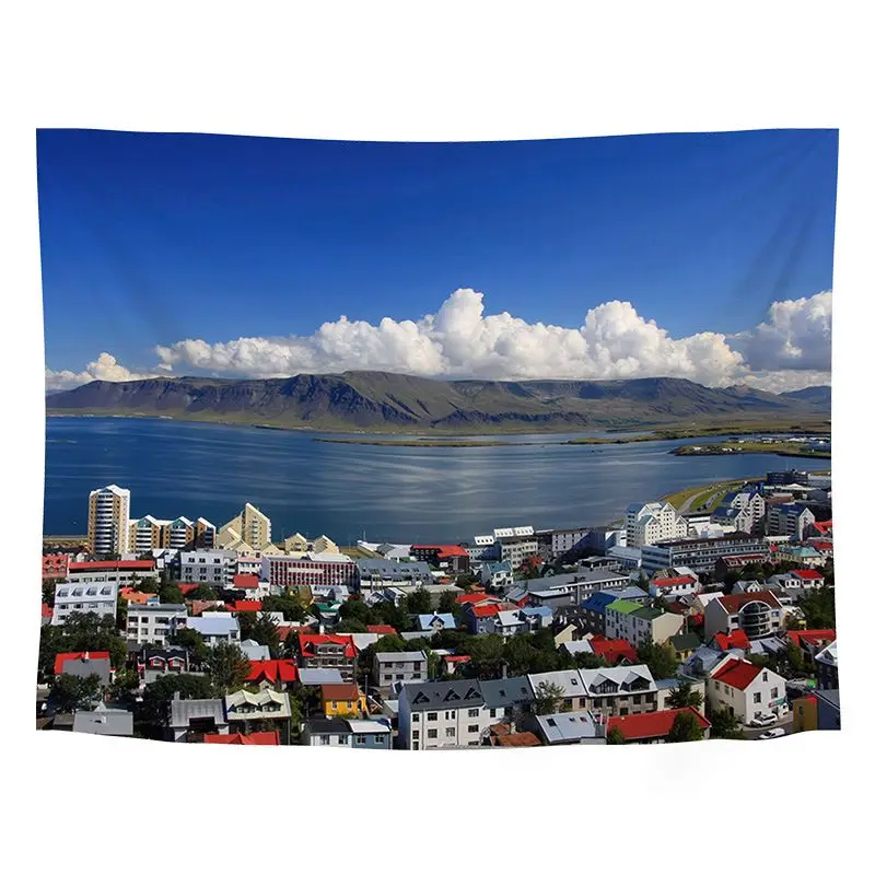 VIKAMA Iceland Town Landscape Tapestry, Nordic Coastal Cities Photography Background Cloth Wall Decoration for Room