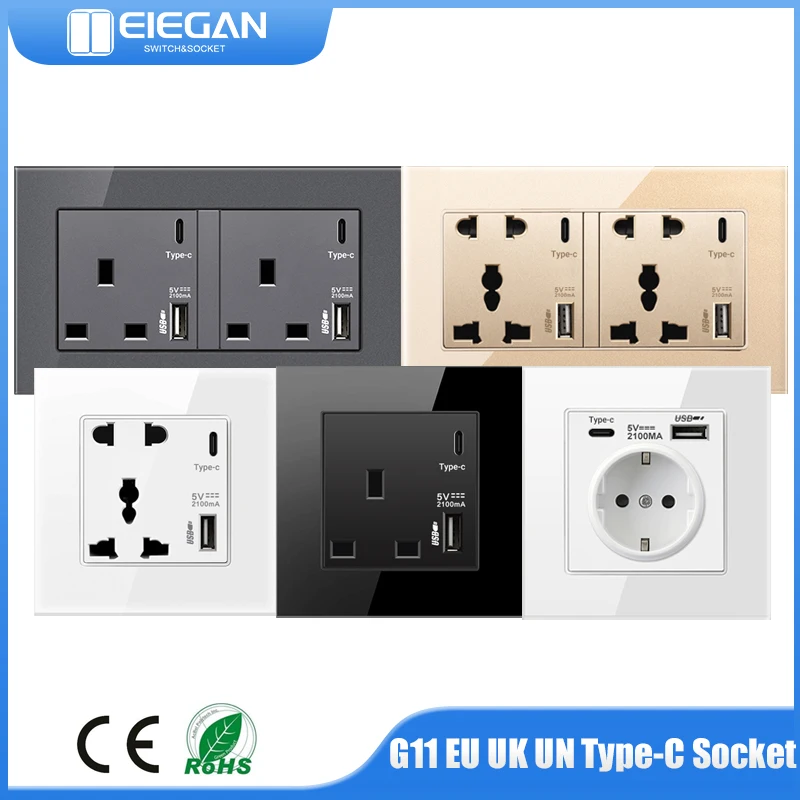 EU UN UK Standard Tempered Glass Panel Wall USB Type C Charging Outlets 5V 2.1A AC110-250V Type C Power Plug Electrical Socket