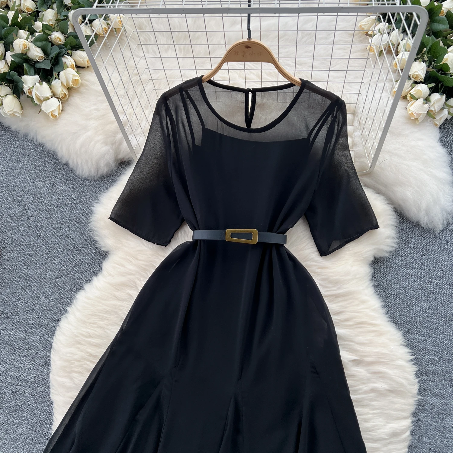 Vestido preto longo para mulheres, costura em malha, elegante vestido de festa para noite chique, duas camadas, verão e outono, novo, 2022