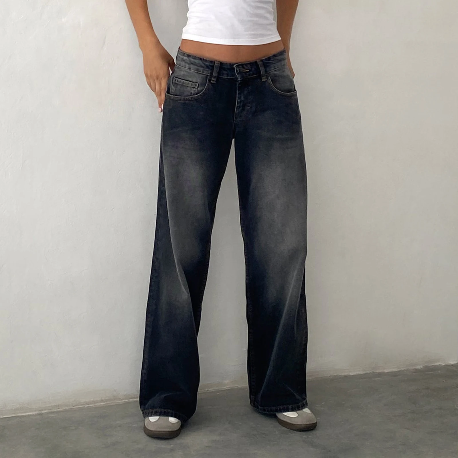 Loose Fit Boyfriend Straight Wide Leg Jeans Women Y2K Aesthetic Low Rise Baggy Jeans Trendy Stretch Long Denim Pants Trousers