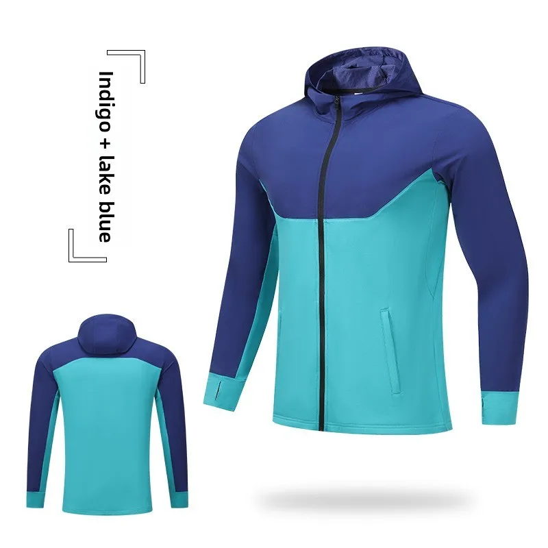 Men's Hooded Sports and Fitness Suit with High Elasticity Zipper Long Sleeves and Velvet Splicing Windproof and Warm Riding Suit