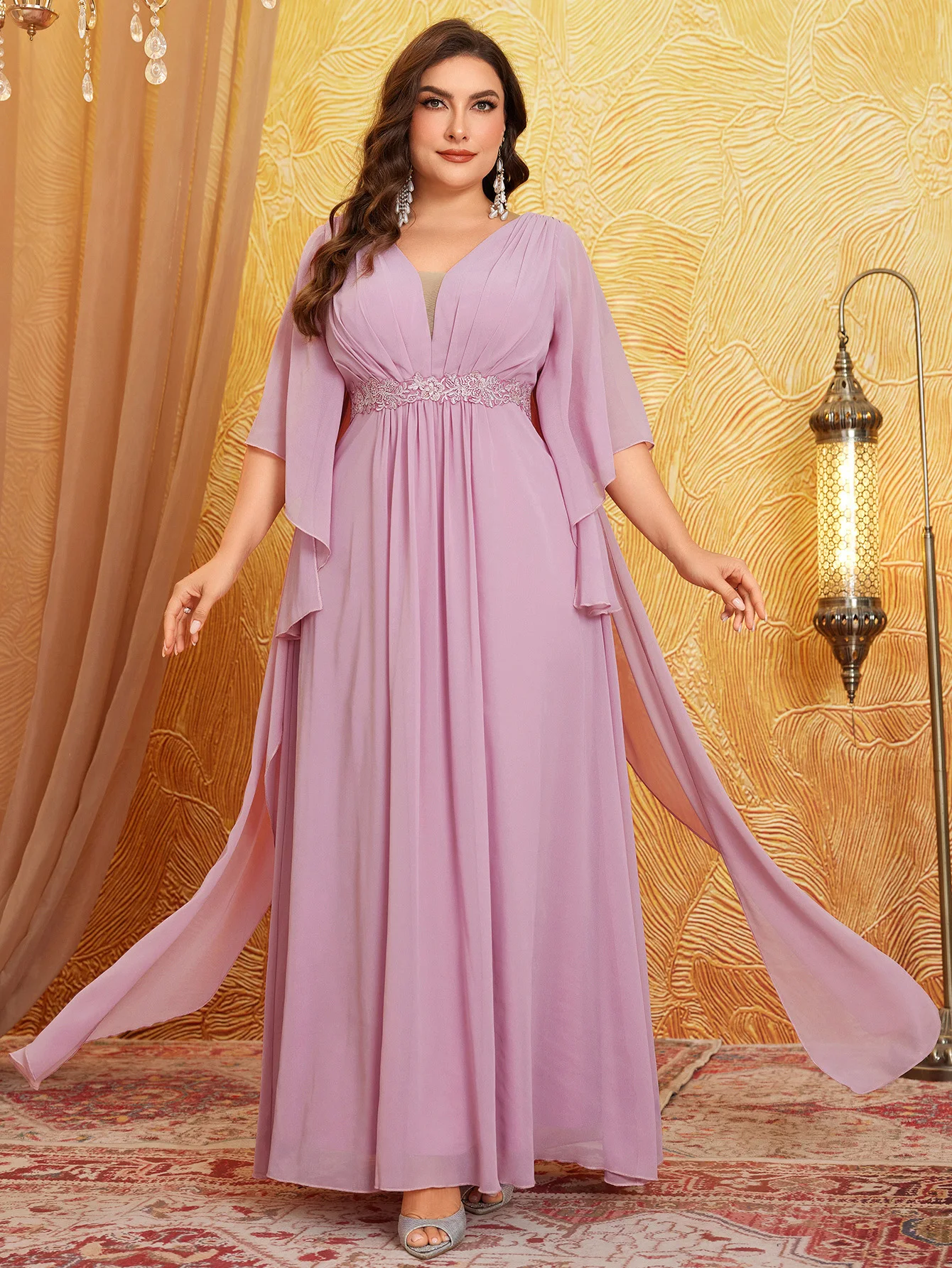 فستان UNITHORSE مقاس كبير للسيدات برقبة على شكل حرف V وخصر مطرز وأكمام تشبه جناح الخفّاش ماكسي فستان شيفون لخادمة الشرف #1