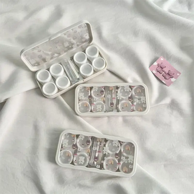 Leuke draagbare cartoon hond beer oogcontacten met spiegel contactlenshouder gekleurde lenzen containerdoos voor feestreisset