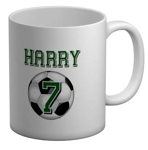 Personalised Name And Number With Football - Green White 11oz Mug Cup