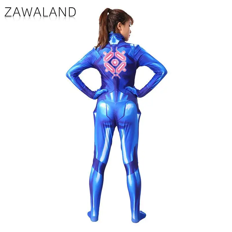 Przebranie na karnawał Halloween 3D druk cyfrowy Metroid Samus Zero Cosplay Zentai z długim rękawem Fitness niebieski Sexy body dla dorosłych