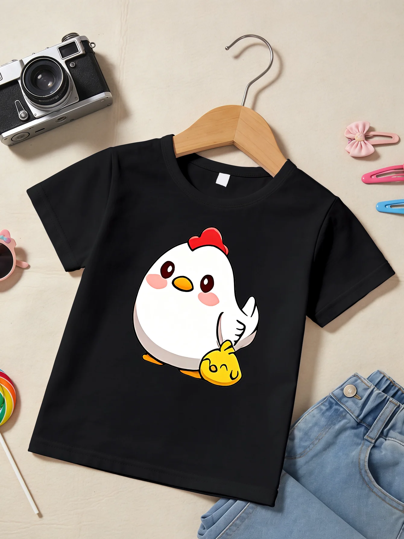 Cute White Chicken With Little Chick Cartoon Print T Shirt Boys Girls Lovely Short Sleeve Tee Family Matching Kids Cotton Tops