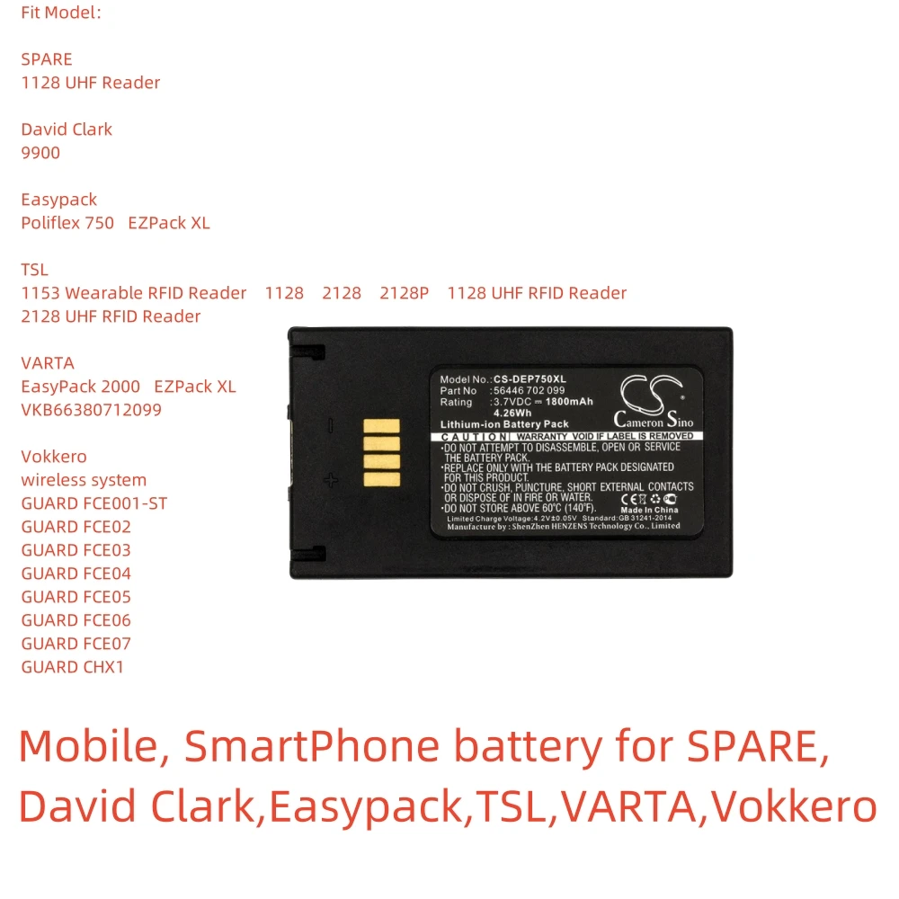 Li-ion Barcode Scanner Battery for SPARE,David Clark,Easypack,TSL,VARTA,Vokkero,3.7V,1800mAh,Poliflex 750,EZPack XL,GUARD FCE03