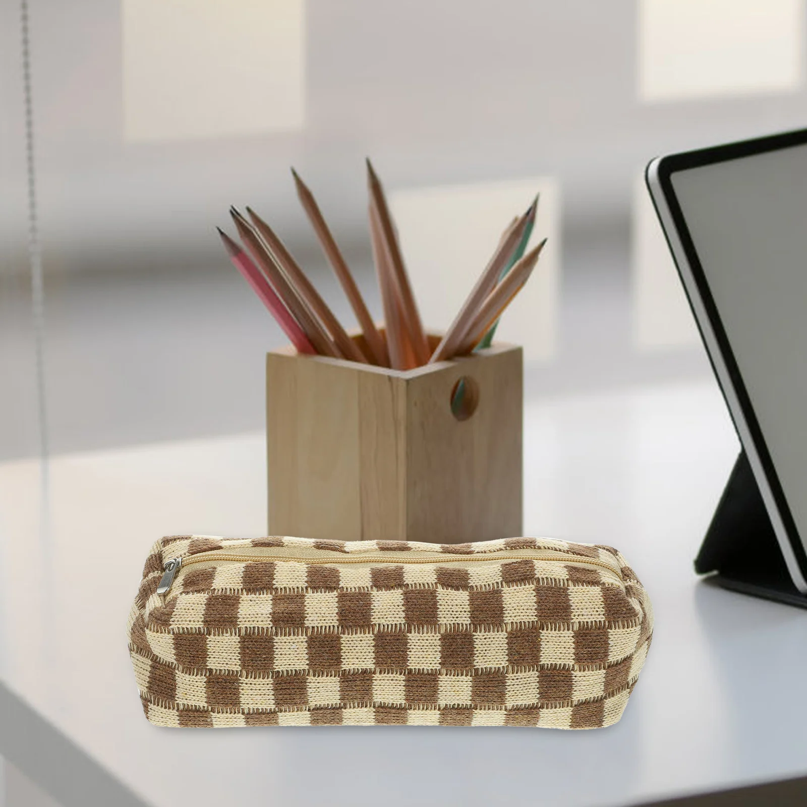 Zipper Pencil Pouch, Checkerboard Case, Handheld Storage Bags, Papelaria conveniente