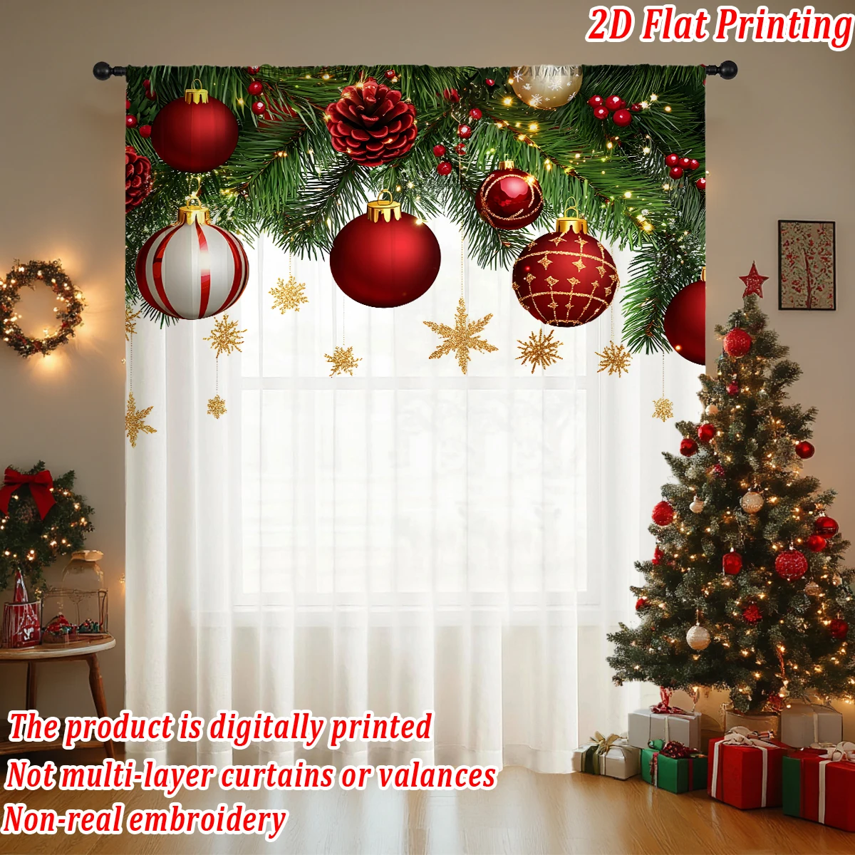 クリスマスフラットプリントシアーカーテン、クリスマスオーナメント、松ぼっくり付き、リビングルーム、ベッドルーム、パーティー、ドア、窓の装飾用