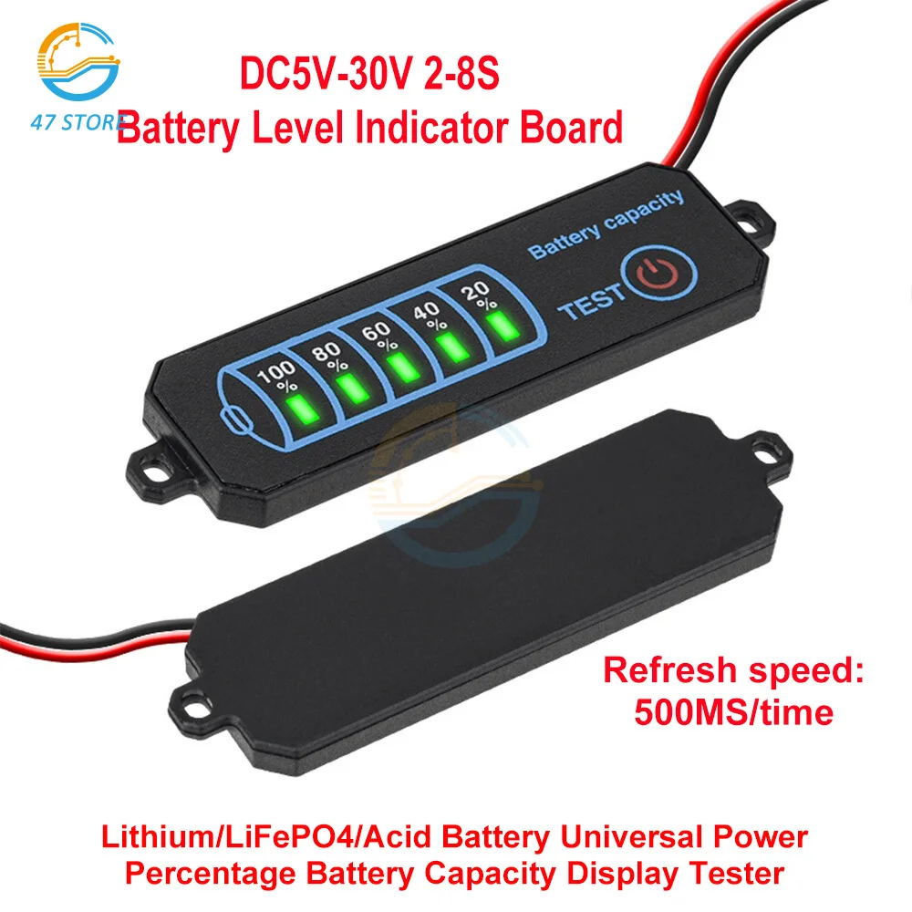 DC 5V-30V 2-8S Battery Level Indicator Board Lithium/LiFePO4/Acid Universal Power Percentage Battery Capacity Display Tester