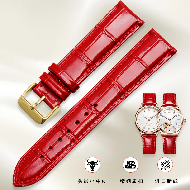 12mm 14mm 13mm 15mm 16mm 17mm 18mm 20mm 22mm Rose Gold Watch buckle Genuine Leather Women Watchband red for caiso tissot