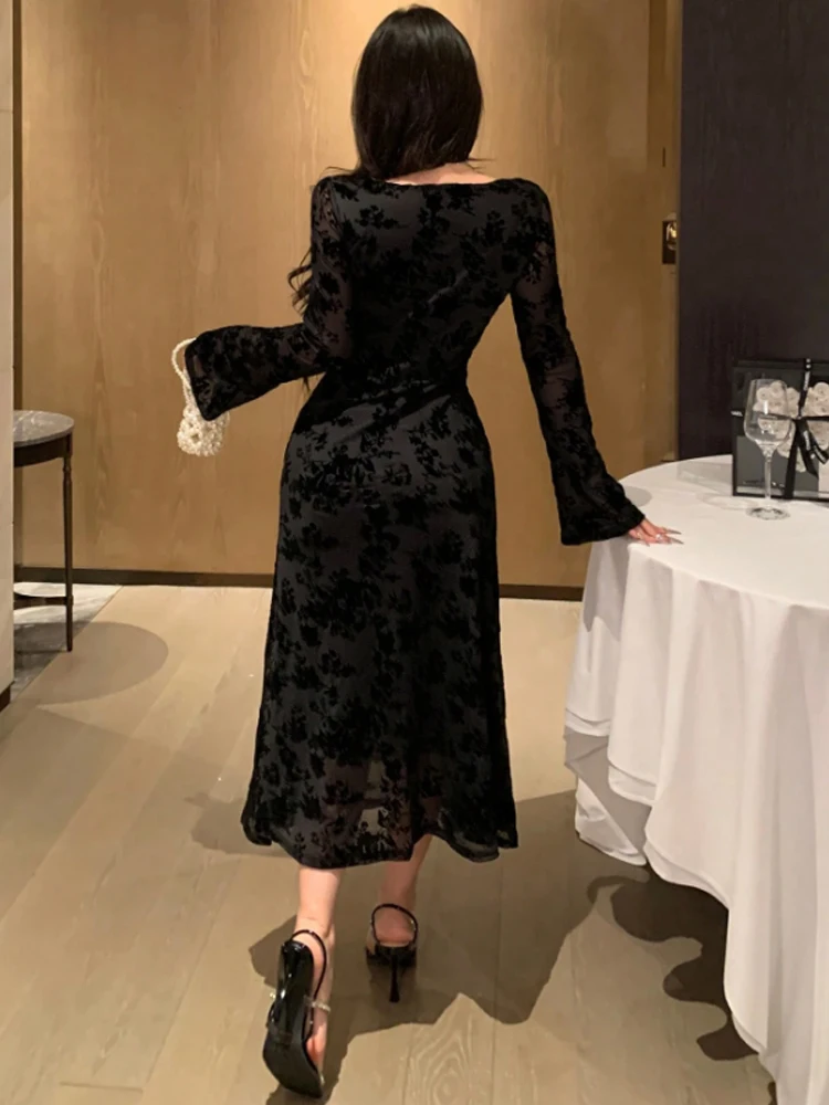 البوب جديد طاقم الرقبة الأسود الأزهار الدانتيل أنيقة ميدي فستان مثير شبكة طويلة مضيئة كم فساتين الزفاف ضيف المرأة الفاخرة حفلة الدكتور #4