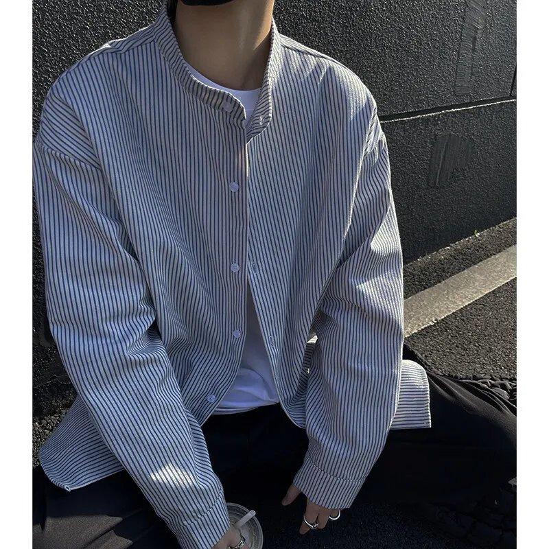 

American Retro Style Striped Stand Up Collar Long Sleeved Shirt Lazy and Cool Shirt Teenage Trendy Jacket Loose Casual Top