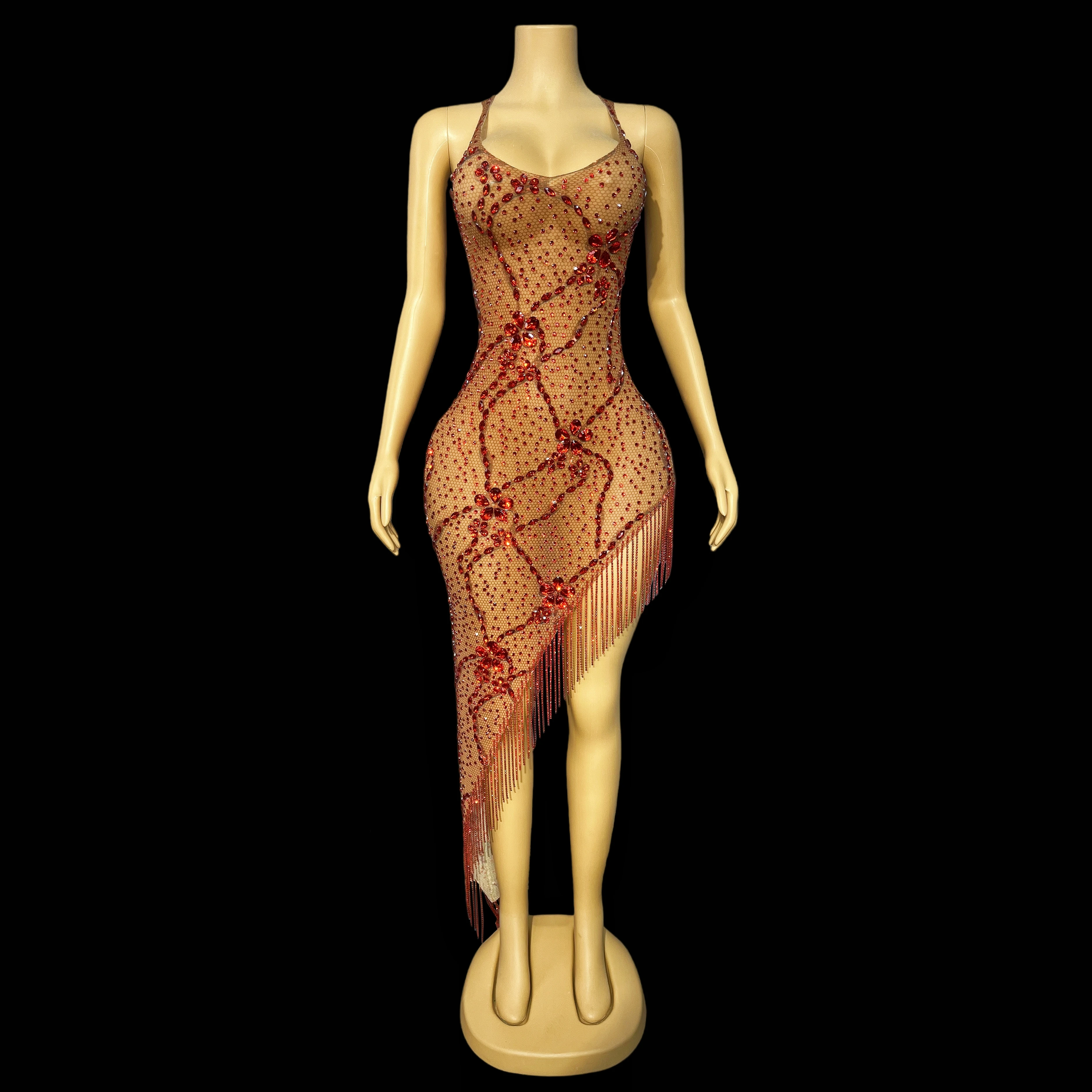 럭셔리 크리스탈 프린지 이브닝 드레스 라인스톤 생일 섹시 홀터넥 비즈 드레스 공연 컬렉션 canghonghua