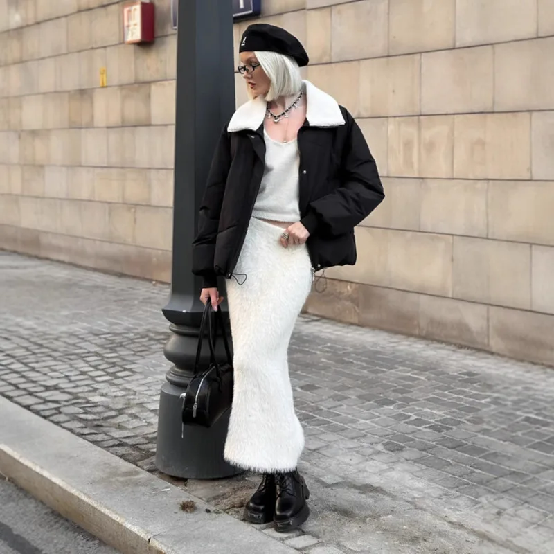 2025 Otoño Invierno falda larga de cintura alta para mujer falda larga ajustada de punto peluda cálida nueva ropa elegante a prueba de viento para clima frío