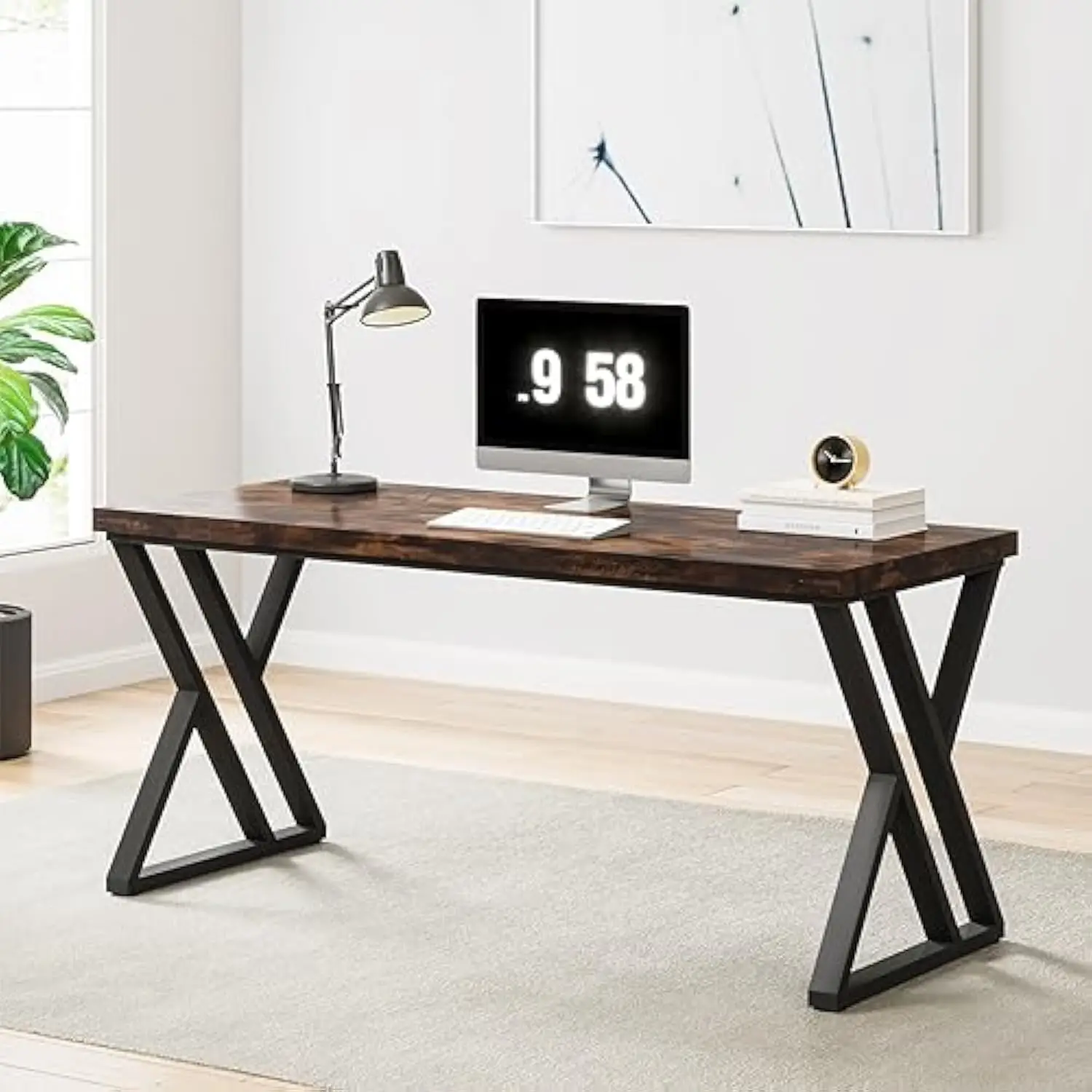 Writing Computer Desk, 55 inch Heavy Duty Study Desk with Z-Shaped Metal Leg, Modern Simple Home Office Computer Desk, Rustic