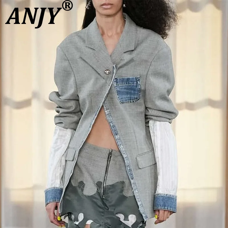 ANJY Autumn New Women Fashionable Fake Two-Piece Patchwork Denim Blazer Elegant Temperament Chic Ins Single Button Design A13018