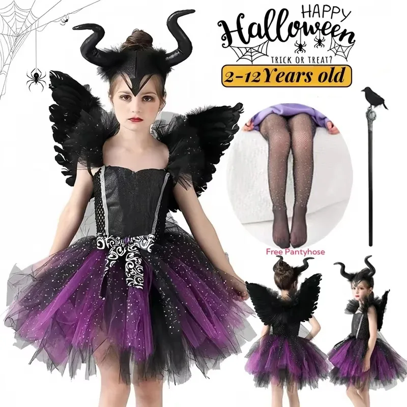

Halloween Costume Maleficent Tutu Dress For Girls Cosplay Evil Queen Sparkly Mesh Princess Dress Kids Witch Gown