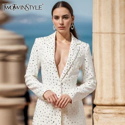 TWOTWINSTYLE, chaqueta elegante con diamantes empalmados para mujer, solapa, manga larga, botón de retales, abrigo adelgazante Colorblock para mujer KJA 509430