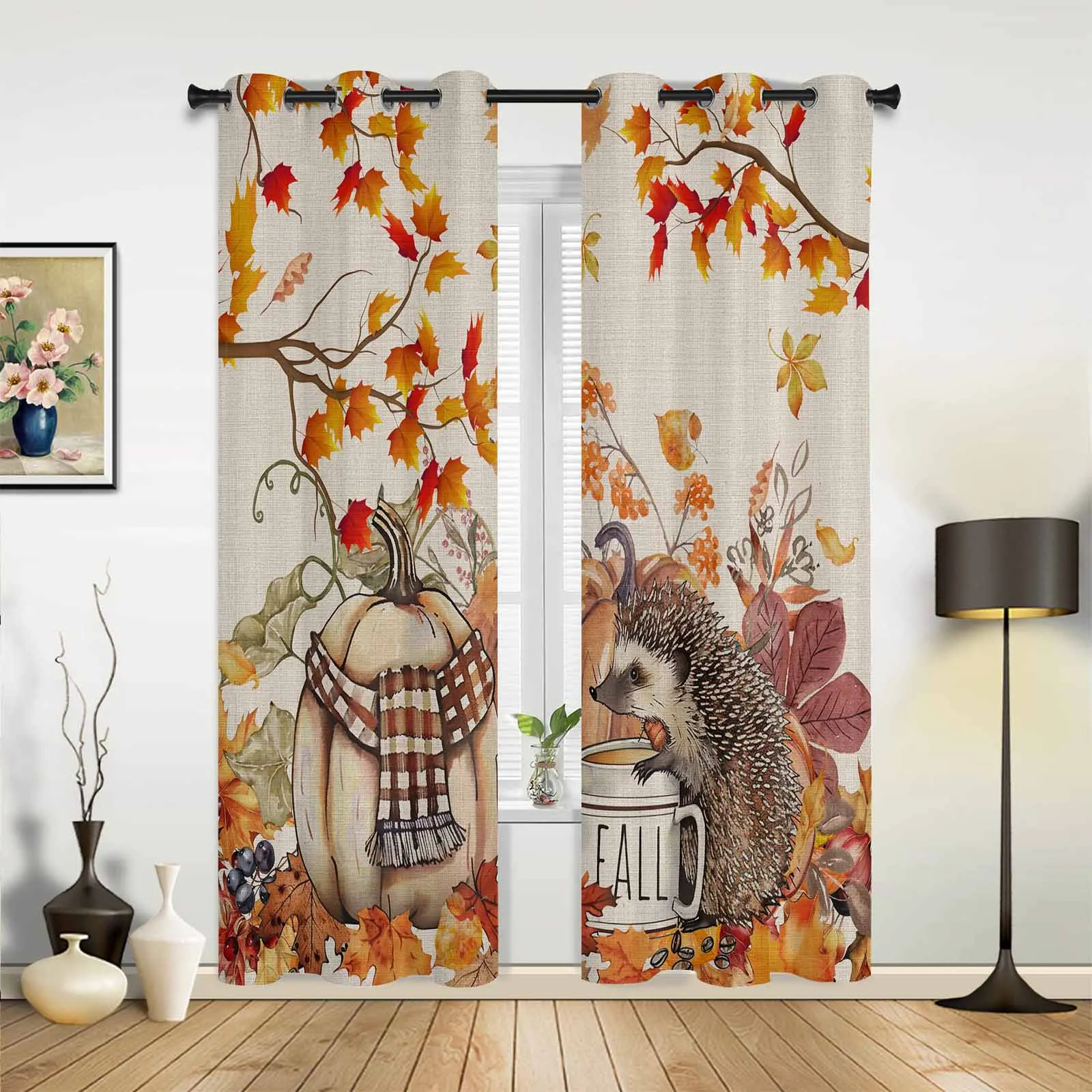 Fall Pumpkin Hedgehog Pine Cone Modern Window Curtains for Living Room Bedroom Curtain Kitchen Treatment Blinds Drapes