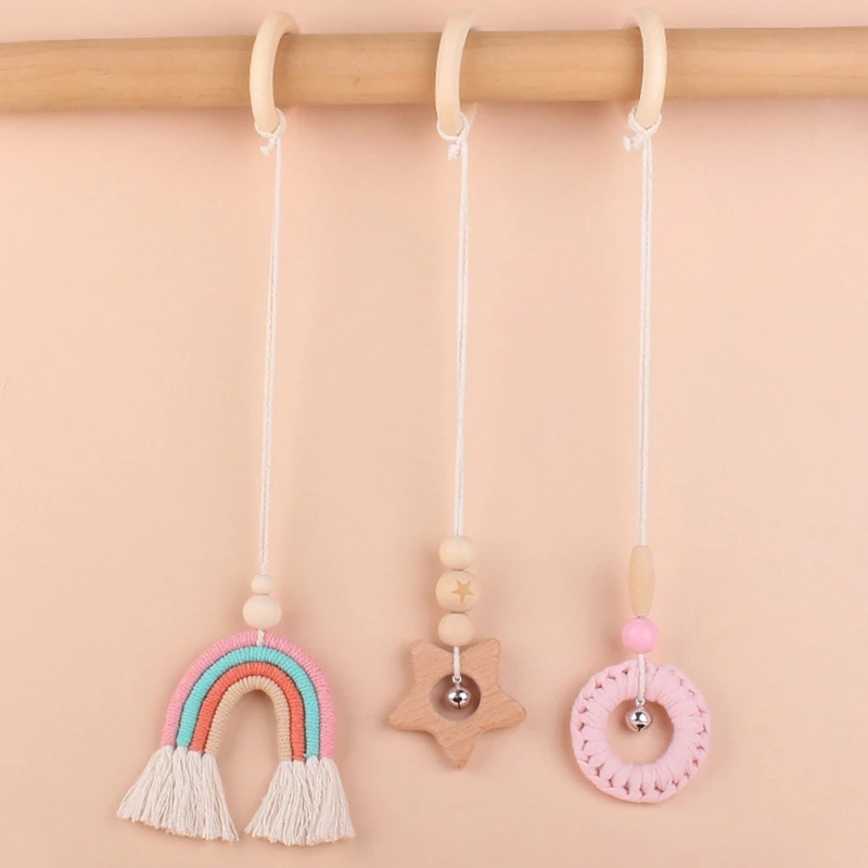 3 Pieces Wooden Baby cartoon rainbow pendant star rattle Toys Hanging Activity Play Gym Toy Set Newborn Gift Infant Toys