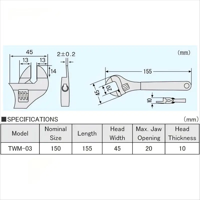 ENGINEER TWM-03 Japan-Made Adjustable Ultra-Thin Open-End Wrench - 6-inch, 20mm Opening