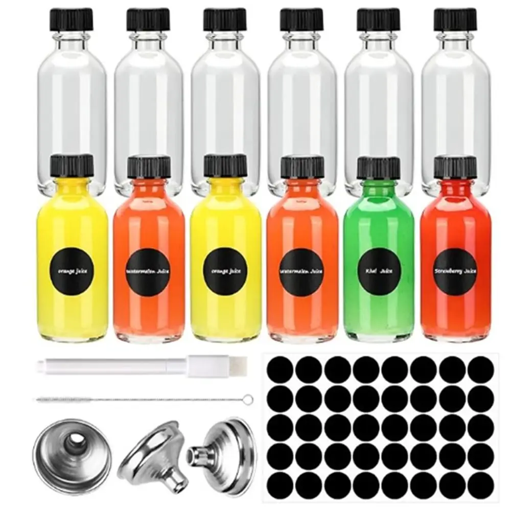 12Pcs Portable 60ml Sample Boston Bottle Clear Airtight Small Glass Bottles with Lids & 3 Funnels Round Sample Bottles Perfumes