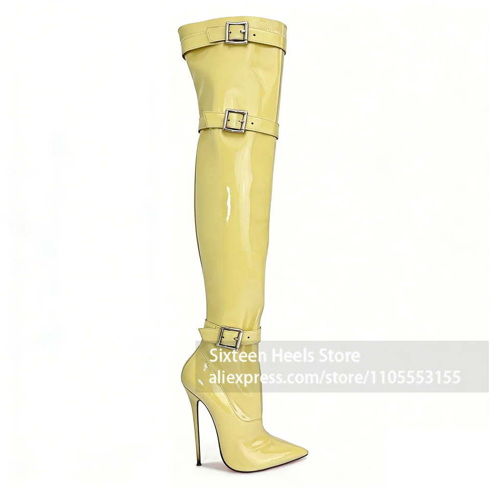 16cm Buckle Lock Over-the-Knee Boots Multipe Belt Buckle Stiletto Boots Sexy Fetish Style Pointed Toe Lacquered Heel Boots Women