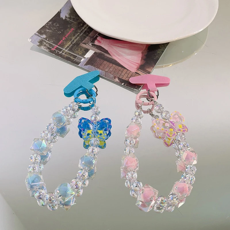 Anti Loss Mobile Phone Strap Wrist Chain Clear Beaded Butterfly Phone Chain Universal Phone Case Lanyard Bag Decoration